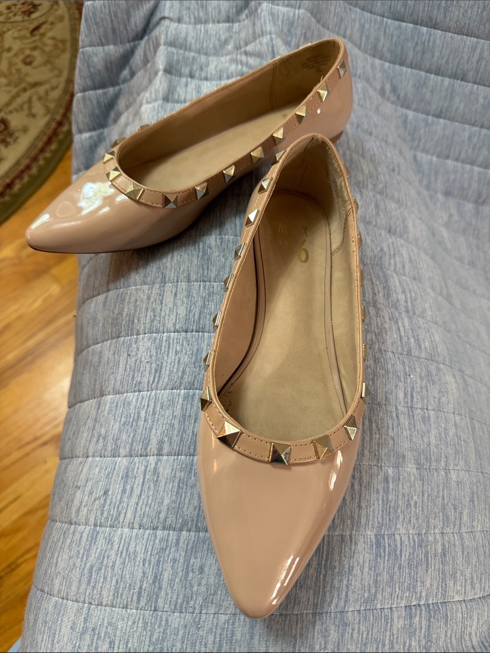 Mix No. 6 Patent Pointed-Toe Studded Ballet Flats in Nude